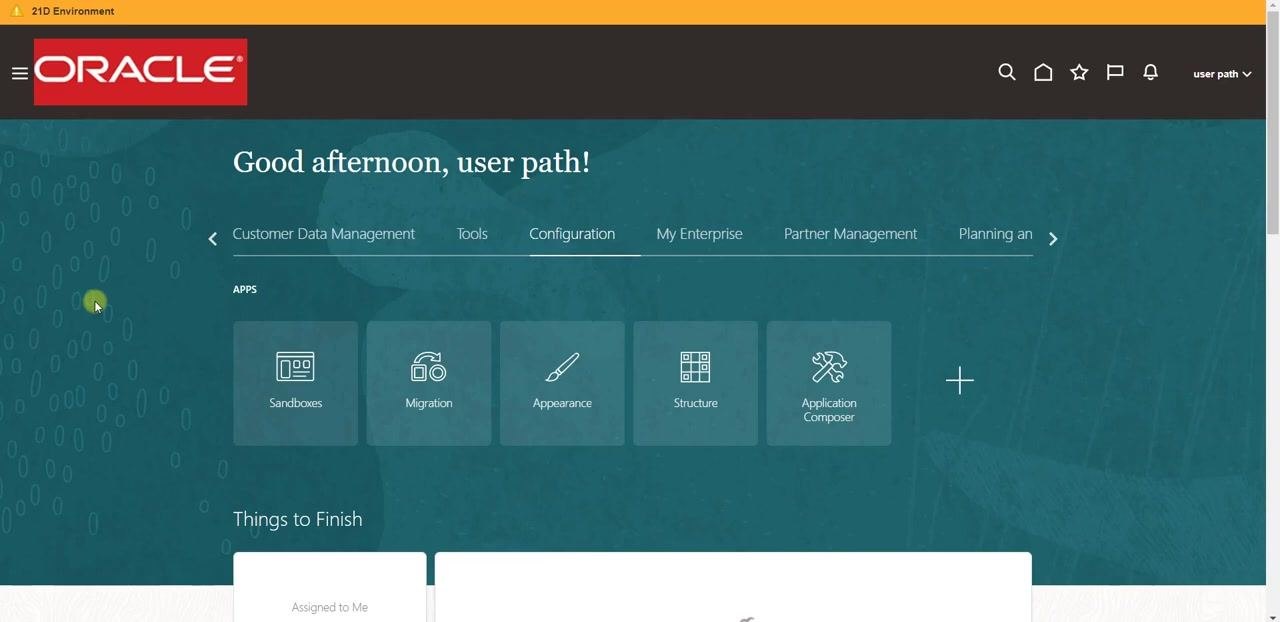 Oracle Cloud home page with updated app tiles under Configuration, including the plus icon for adding apps