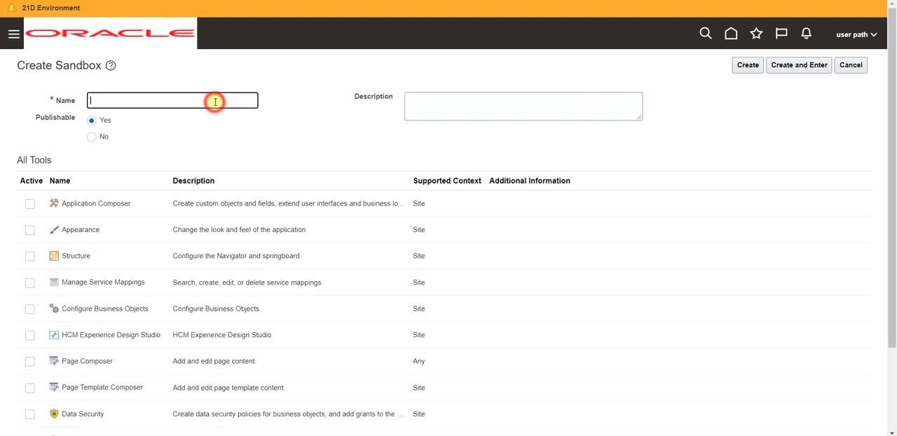 Sandbox management window with the Create Sandbox button highlighted