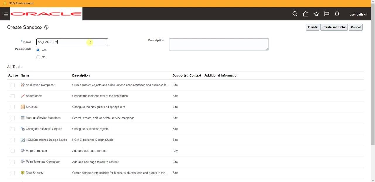 Create Sandbox form with Name and Description fields being completed