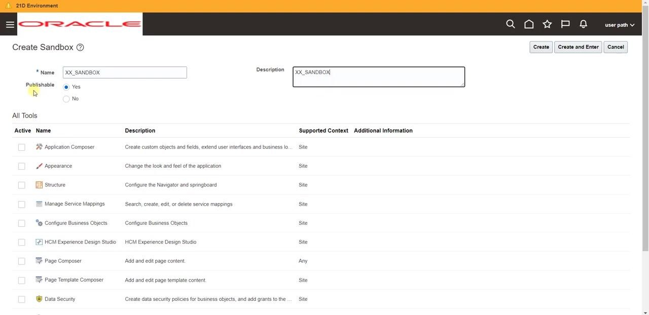 Publishable option set to Yes in the Create Sandbox form