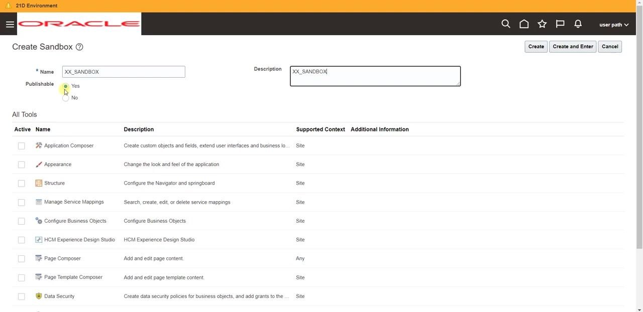 Appearance tool selected in the Create Sandbox form