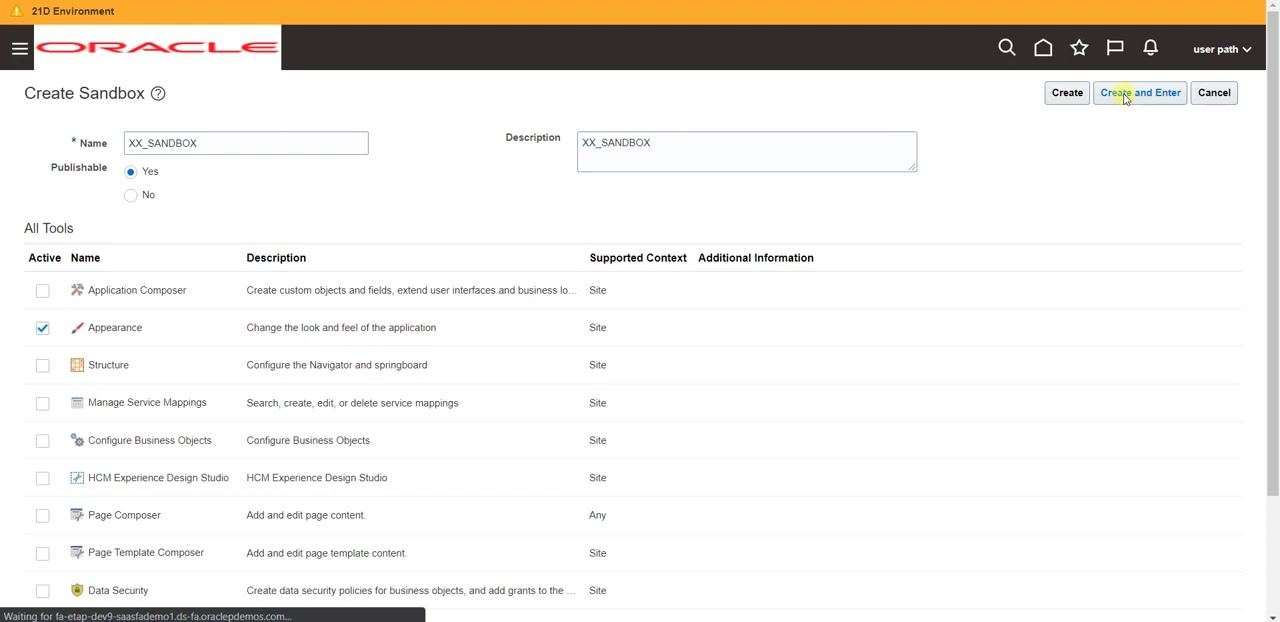 Create and Enter button highlighted in the Create Sandbox form