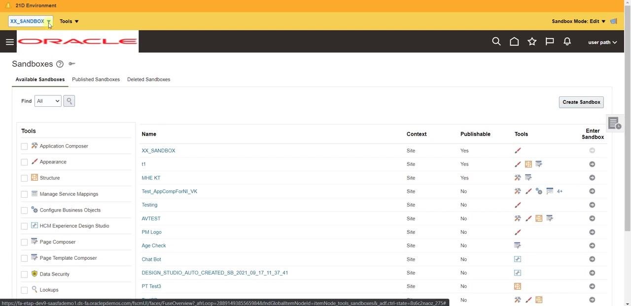Sandbox management window showing XX_SANDBOX active in the yellow bar