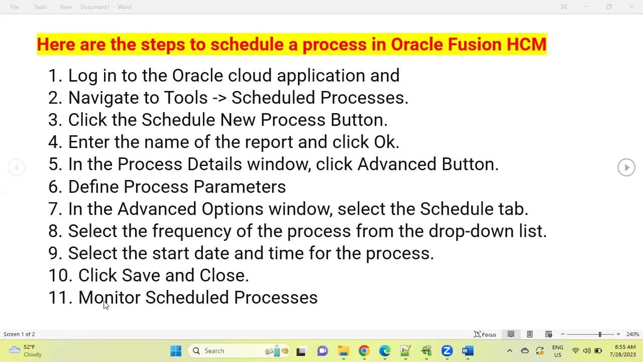 Oracle Fusion Cloud Applications navigation menu open, showing the Tools section with Scheduled Processes highlighted among other options