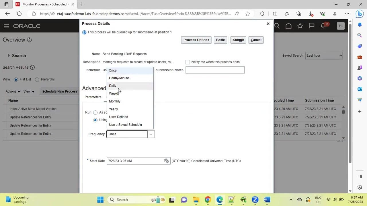 Advanced Options in Process Details, with the Schedule tab open and the frequency drop-down menu visible, showing options like Once, Daily, Weekly, and more