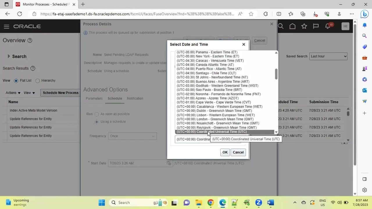 Process Details window with the Frequency drop-down open, showing scheduling options, and the Start Date field set to 7/28/23 3:26 AM UTC
