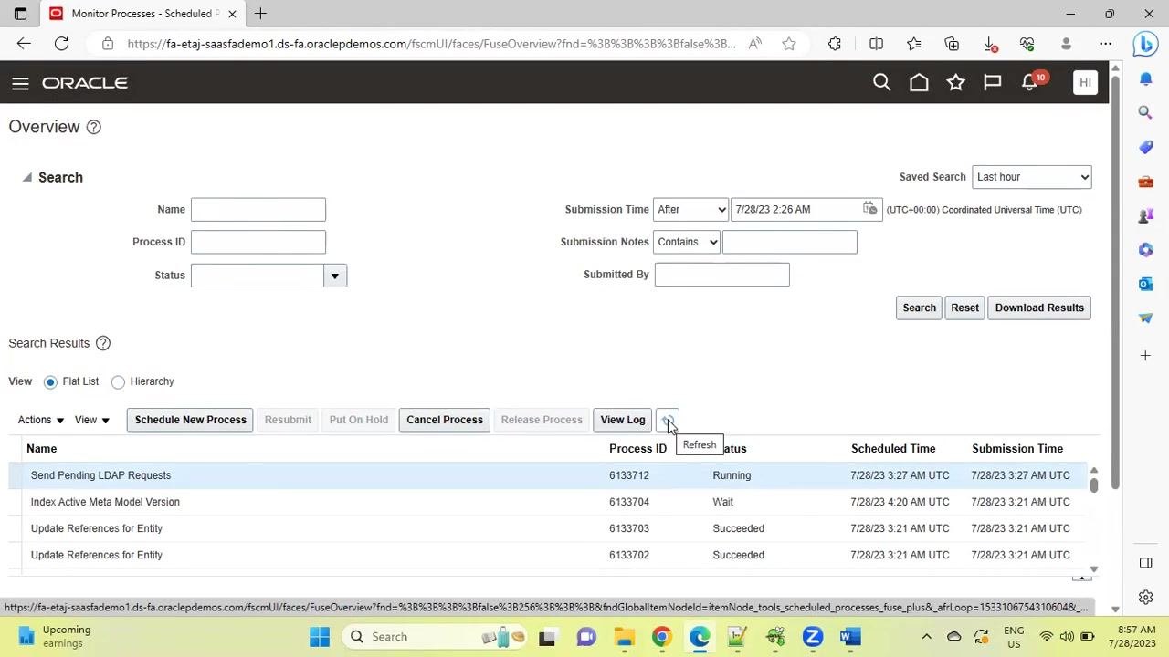 Monitor Processes page with the "Send Pending LDAP Requests" process highlighted and the cursor over the Refresh button next to View Log