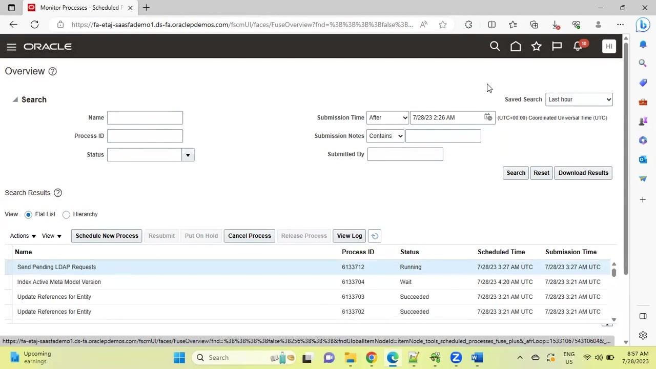 Monitor Processes page with updated process statuses and search and filter options visible at the top