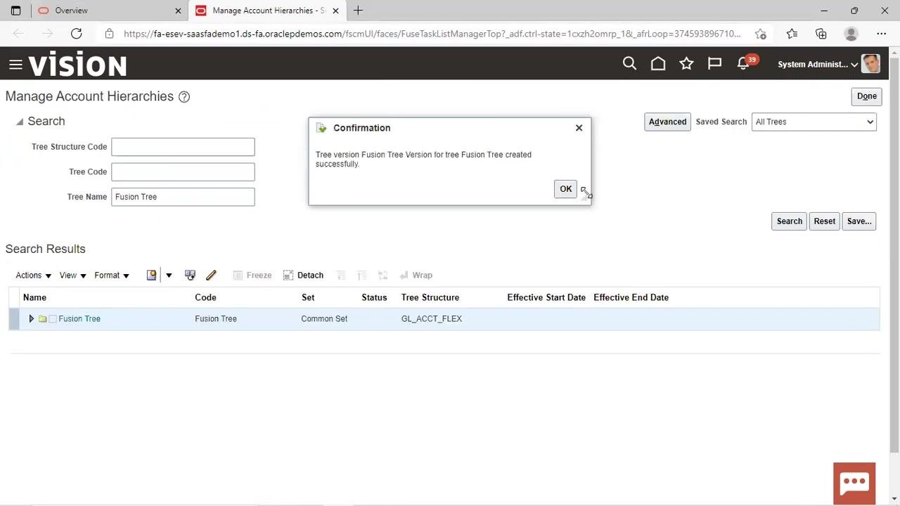 Confirmation dialog: "Tree version Fusion Tree Version for tree Fusion Tree created successfully." with Fusion Tree highlighted in the search results