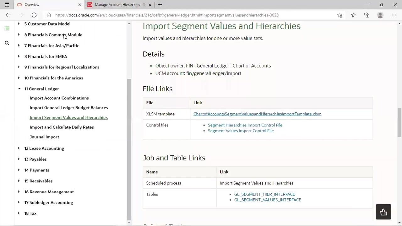 Oracle documentation page showing the "Import Segment Values and Hierarchies" section, with links to download the XLSM template and control files, and references to job and table links