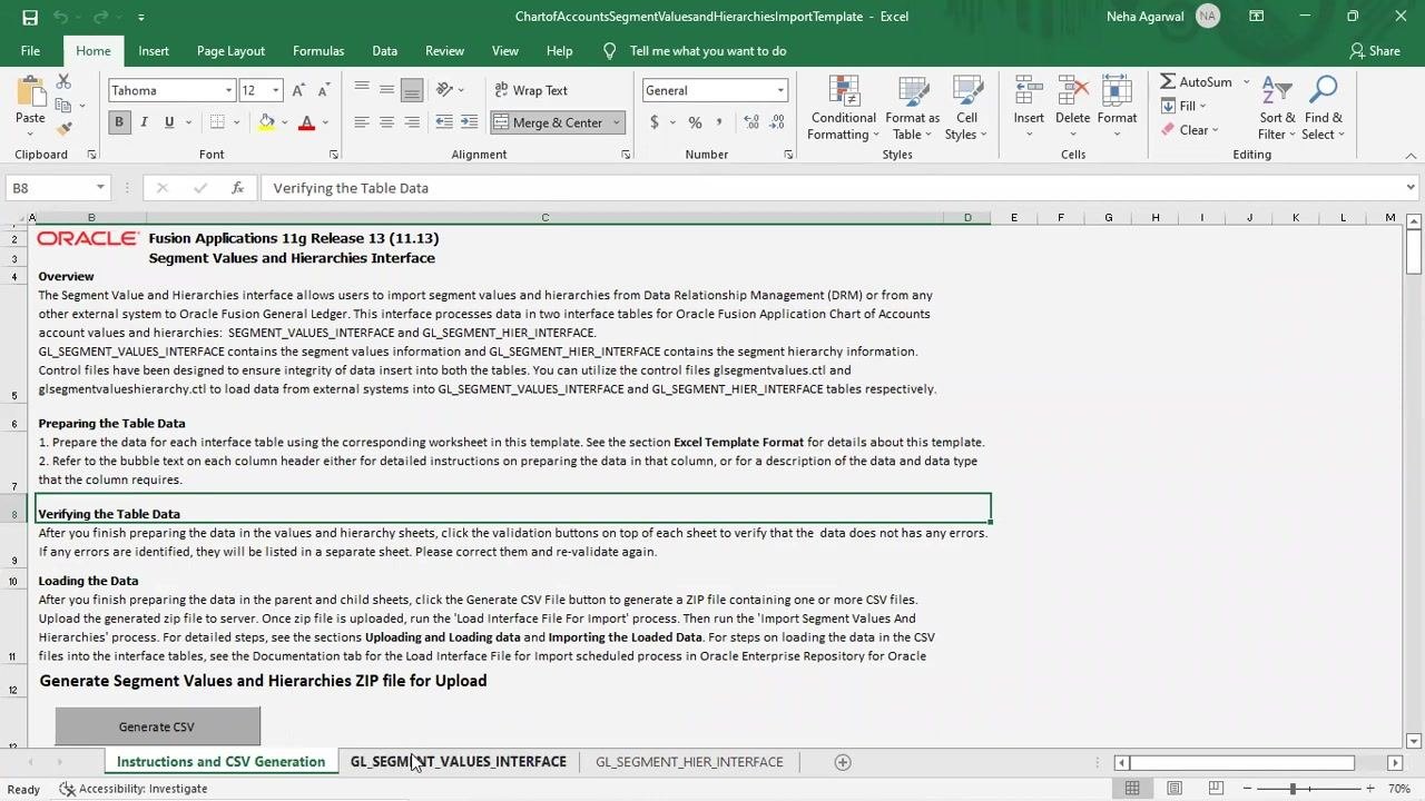 Excel template open in Protected View, with the "Enable Editing" button visible and the "Segment Value Hierarchies" sheet active