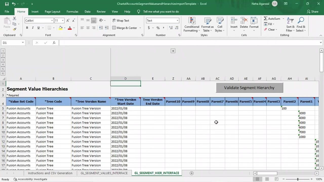Excel sheet "GL_SEGMENT_HIER_INTERFACE" with the "Validate Segment Hierarchy" button visible and all hierarchy data filled in, including start dates