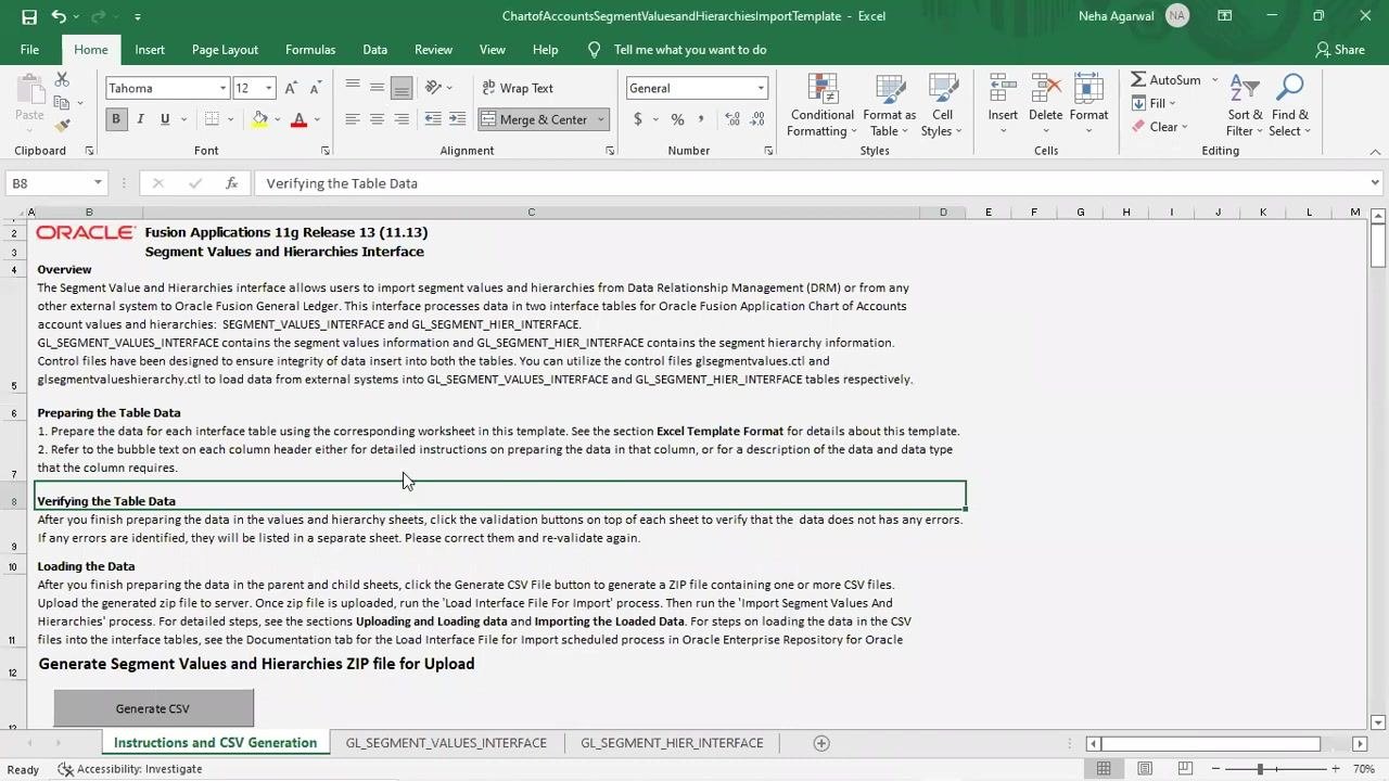 Excel sheet "GL_SEGMENT_VALUES_INTERFACE" with validation dialog box stating "Validations Completed. No errors found." and an "OK" button
