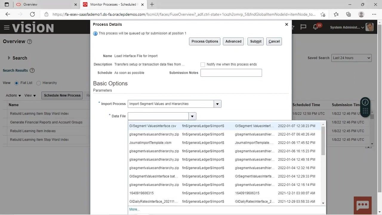 Oracle Fusion "Process Details" dialog with "Import Segment Values and Hierarchies" selected as the import process and data file dropdown open, showing available files