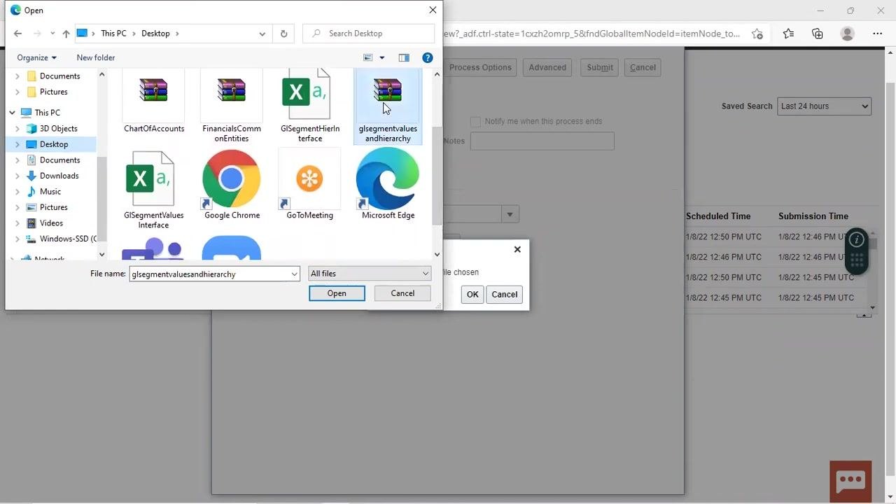 Windows file selection dialog open to Desktop, showing "glsegmentvaluesandhierarchy.zip" selected, with Open, OK, and Cancel buttons visible. Background shows the Oracle Fusion Scheduled Processes window.
