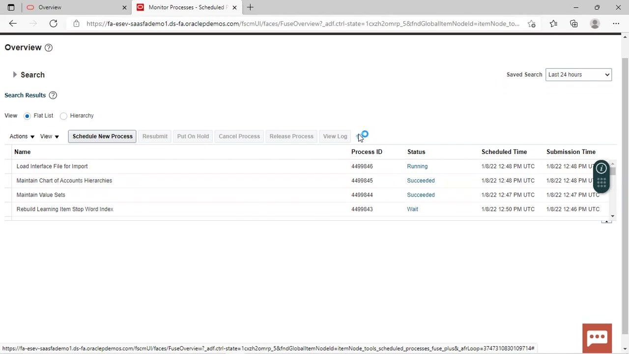 Monitor Processes screen showing process names, IDs, statuses (Wait, Running, Succeeded), scheduled and submission times