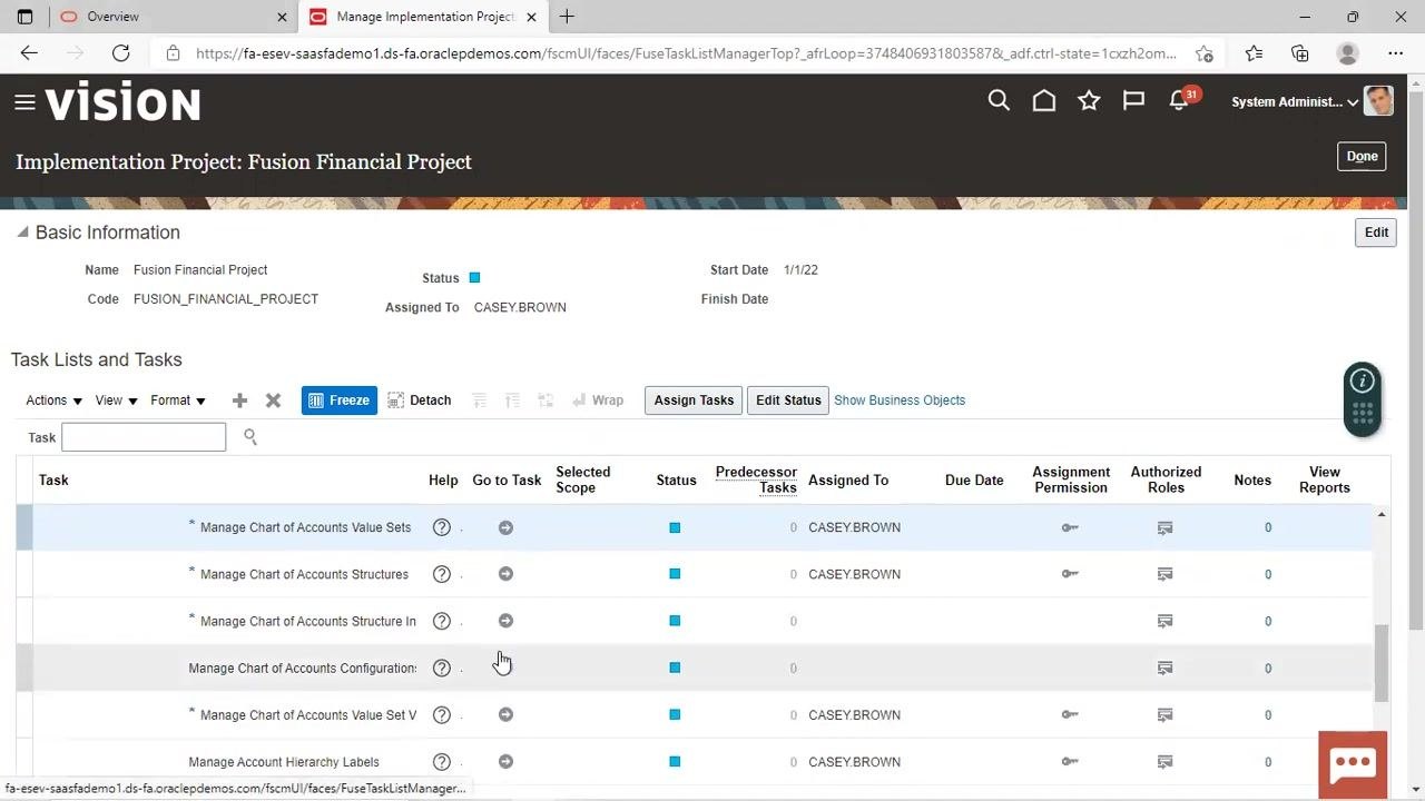 Manage Chart of Accounts Value Sets screen showing Fusion_Accounts, validation type, data type, and module
