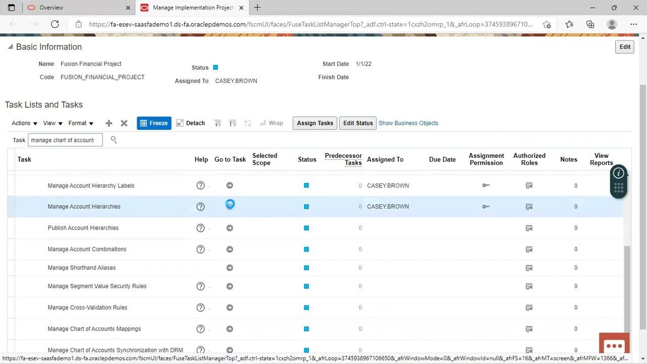 Implementation project dashboard showing the "Manage Account Hierarchies" task highlighted, with the "Go to Task" icon selected