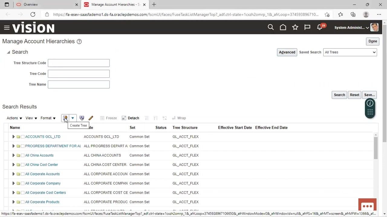 Manage Account Hierarchies screen with the "Create Tree" icon highlighted, showing existing trees and search fields