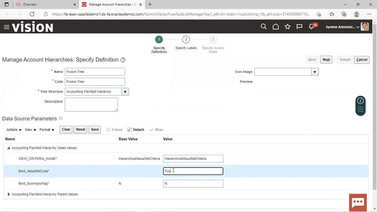 Data Source Parameters section with "Bind_ValueSetCode" being filled in as "FusionAccount" for the new tree