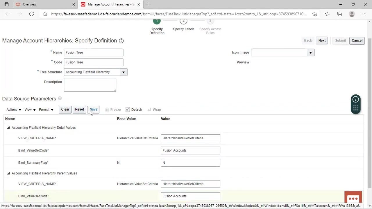 Manage Account Hierarchies: Specify Definition screen showing both detail and parent Bind_ValueSetCode fields filled with "Fusion Accounts"