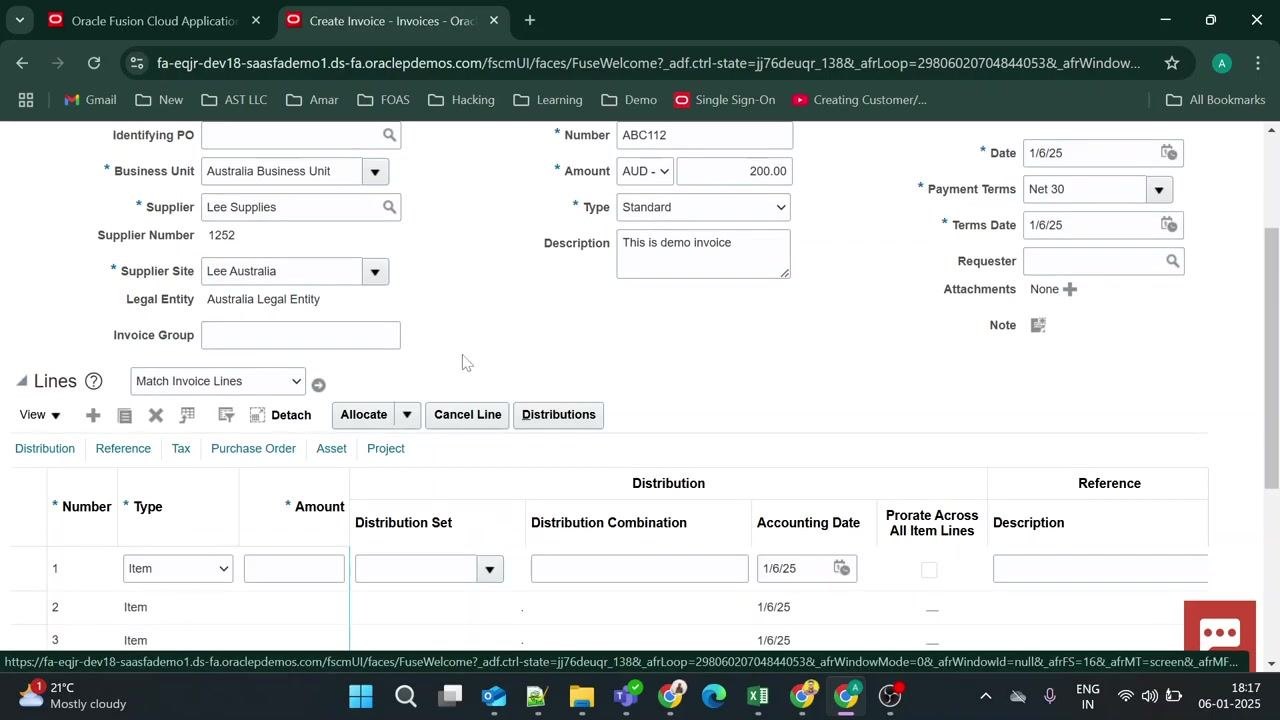 Invoice header fully filled: Number "ABC112," Amount "200.00," Type "Standard," Description "This is demo invoice."