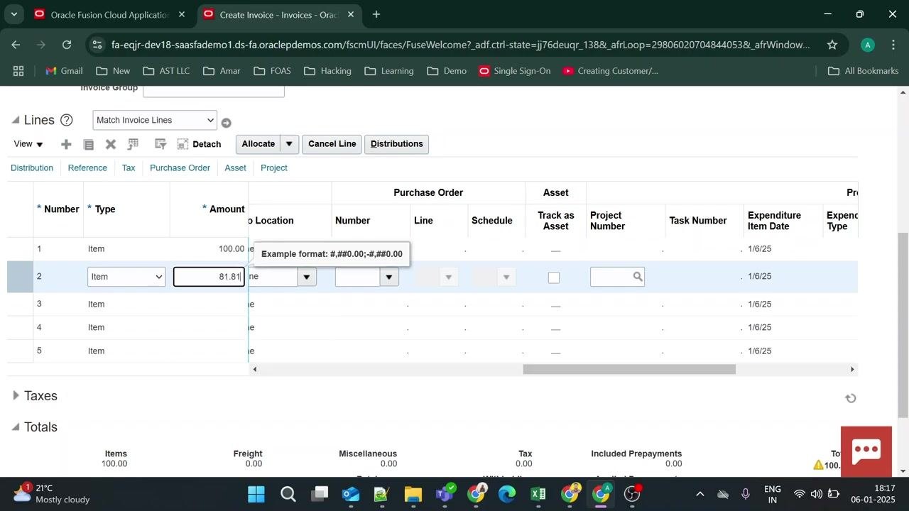 Invoice lines section with first line amount "100.00," second line amount "81.81," both as Item type.