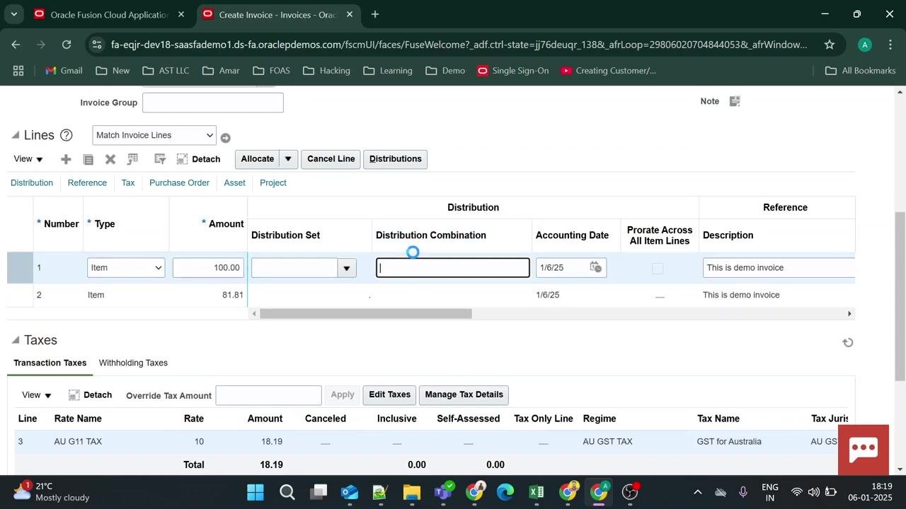 Invoice line entry screen with "Distributions" button highlighted, showing fields for Number, Type, Amount, Distribution Set, Distribution Combination, Accounting Date, Prorate Across All Item Lines, and Description.