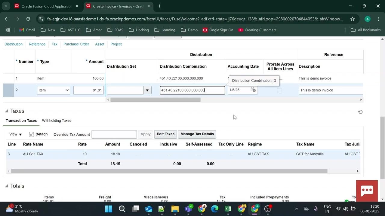 Invoice lines with Distribution Combination field filled in, showing values like 451.40.22100.000.000.000 and accounting dates.