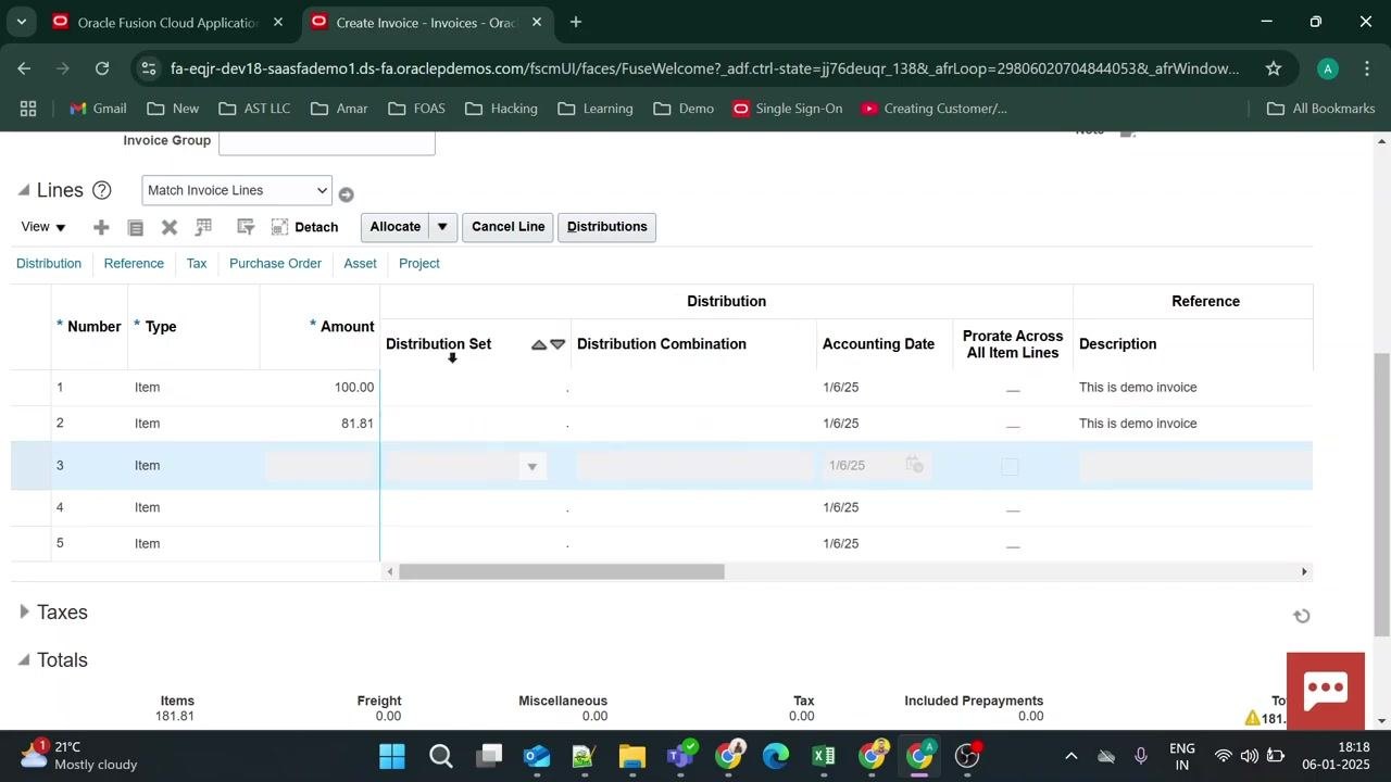 Invoice lines section with focus on Distribution Set, Distribution Combination, and Accounting Date columns.