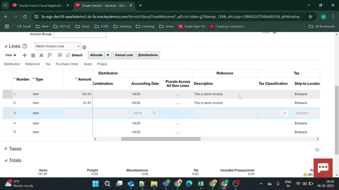 Invoice lines section with Ship-to Location column showing "Brisbane" for each line.