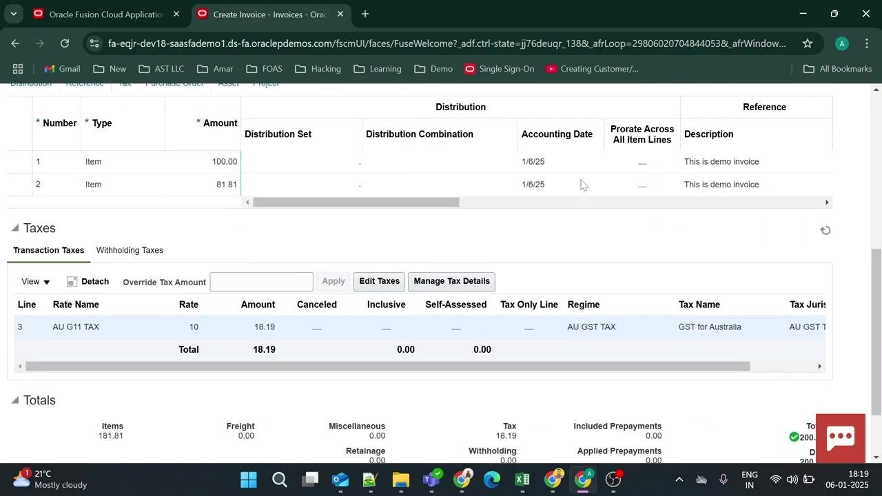Taxes section showing AU G11 TAX, Rate 10, Amount 18.19, and Totals section with calculated values.
