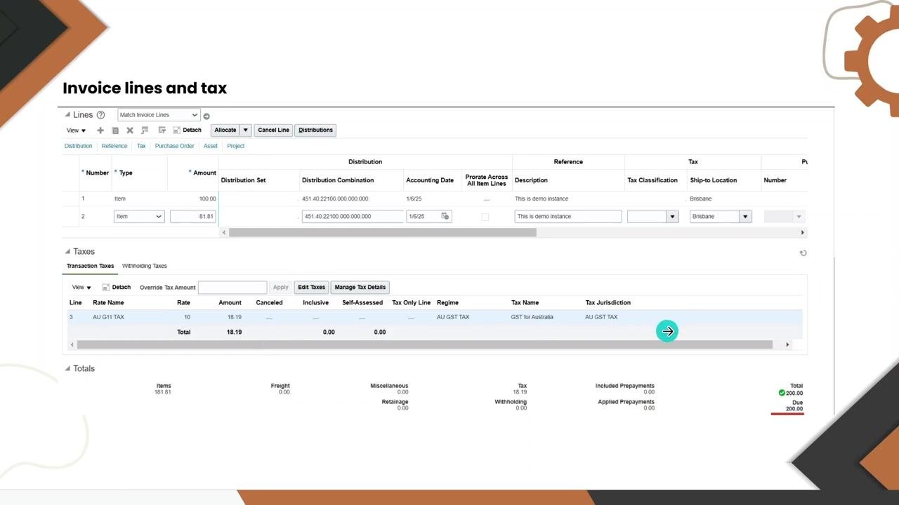Invoice lines, tax breakdown, and total summary with all values visible.