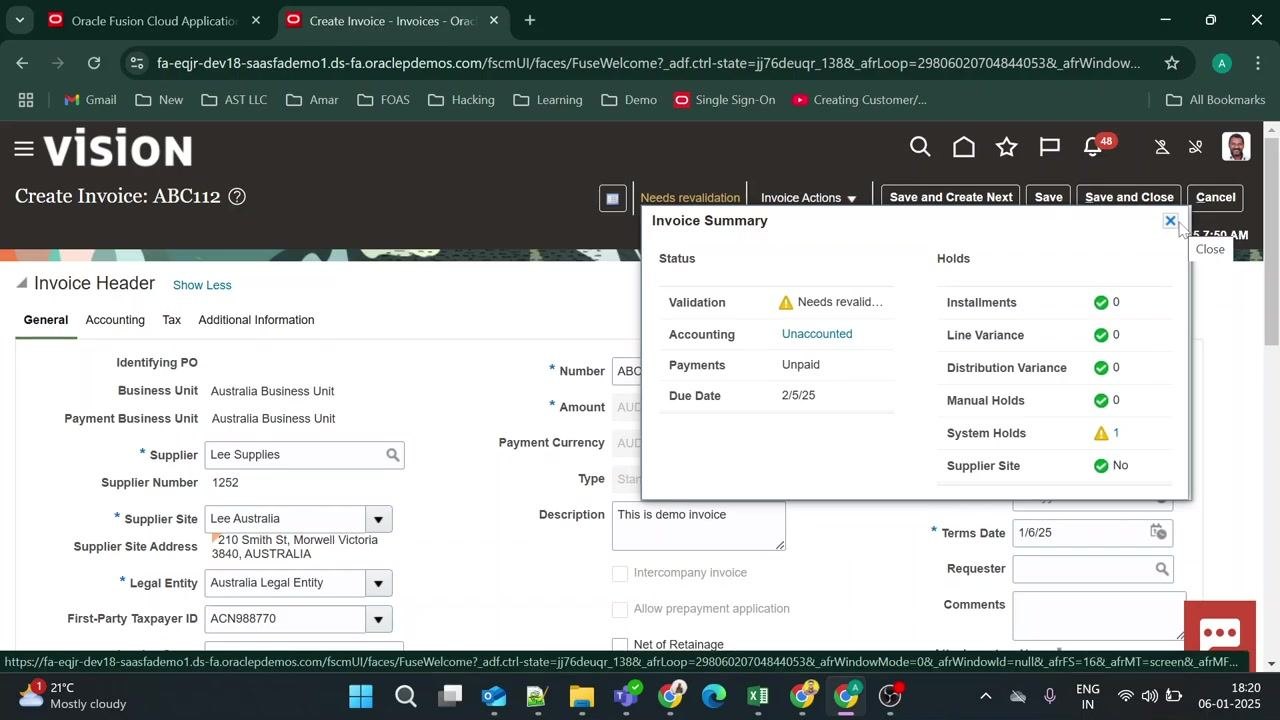 Invoice summary popup showing validation status, accounting, payments, due date, and holds including a system hold warning.