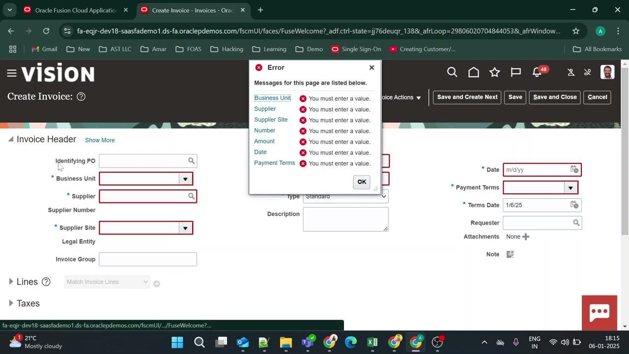 Oracle Fusion Cloud Applications dashboard with navigation tabs and quick actions.