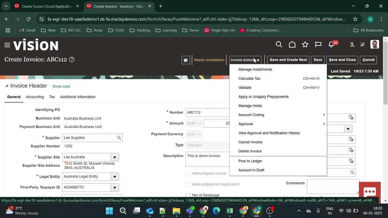 Invoice Actions dropdown menu open with "Manage Holds" highlighted.