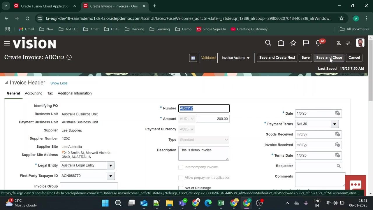 Invoice header with "Save and Close" button highlighted, showing all entered details and validated status.