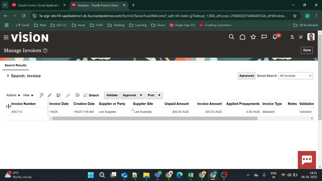 Manage Invoices screen showing invoice ABC112 with details: Invoice Date 1/6/25, Supplier Lee Supplies, Amount 200.00 AUD, Status Validated.