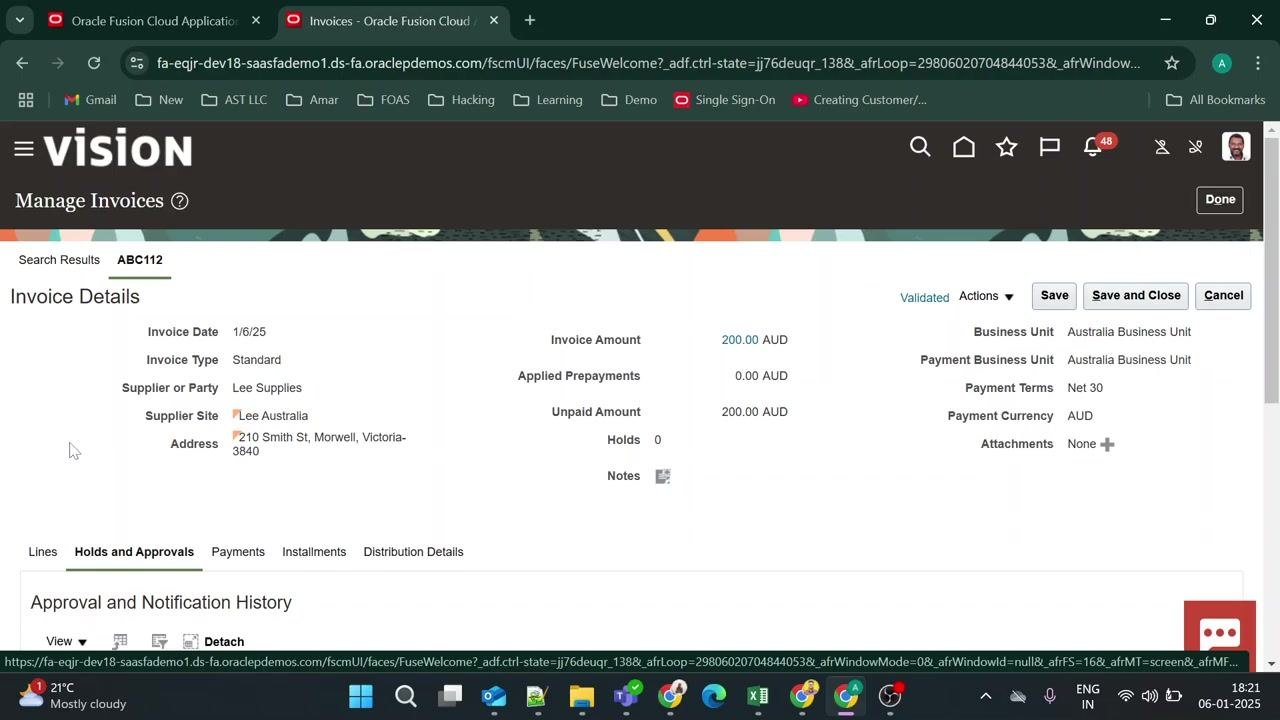 Invoice details screen for ABC112 showing all header fields, business unit, payment terms, and validated status.