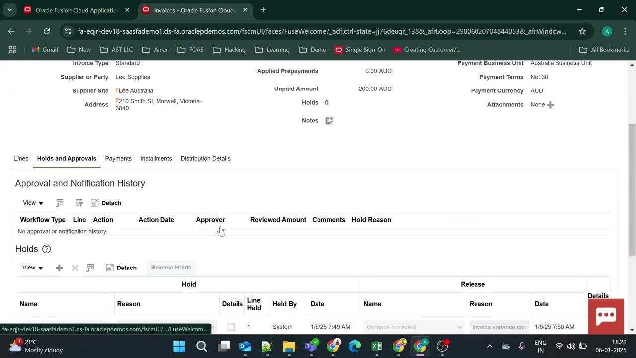 Holds and Approvals tab showing no approval history and no holds for the invoice.