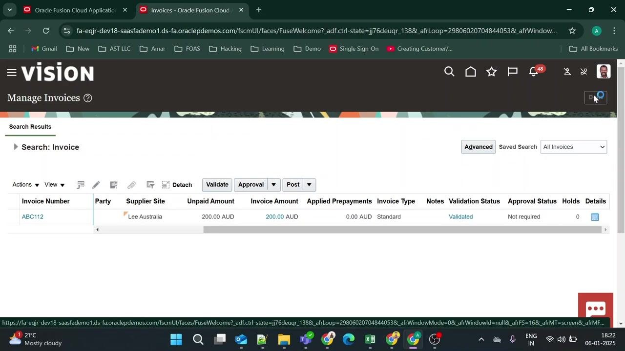 Manage Invoices screen with invoice ABC112 listed, showing validated status and summary details.