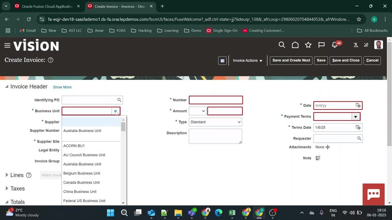Business Unit dropdown open with "Australia Business Unit" selected.