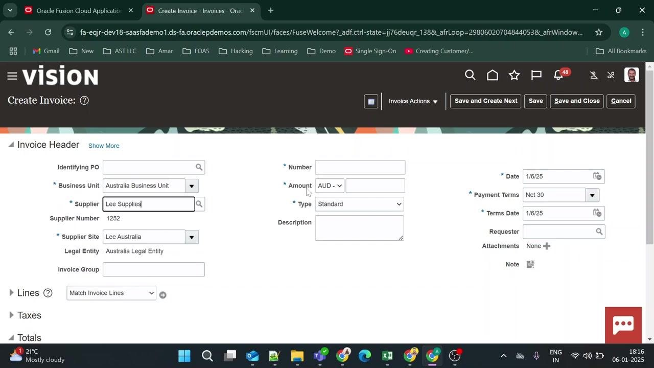 Invoice header with Number field ready for entry, cursor in Amount field.