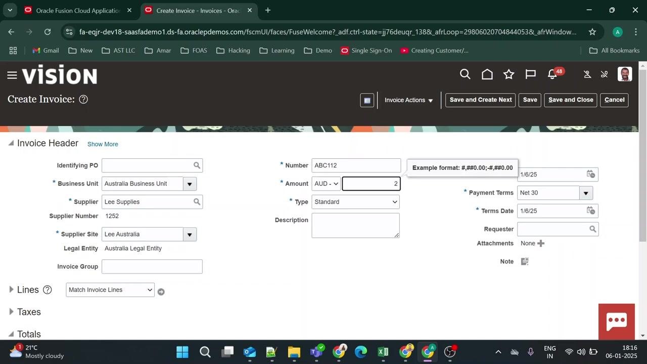 Invoice header with Number "ABC112" and Amount field being filled, format tooltip visible.