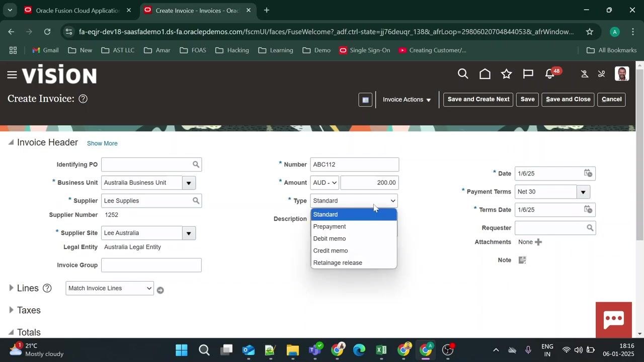 Invoice header with Type dropdown open, "Standard" selected, other types visible.