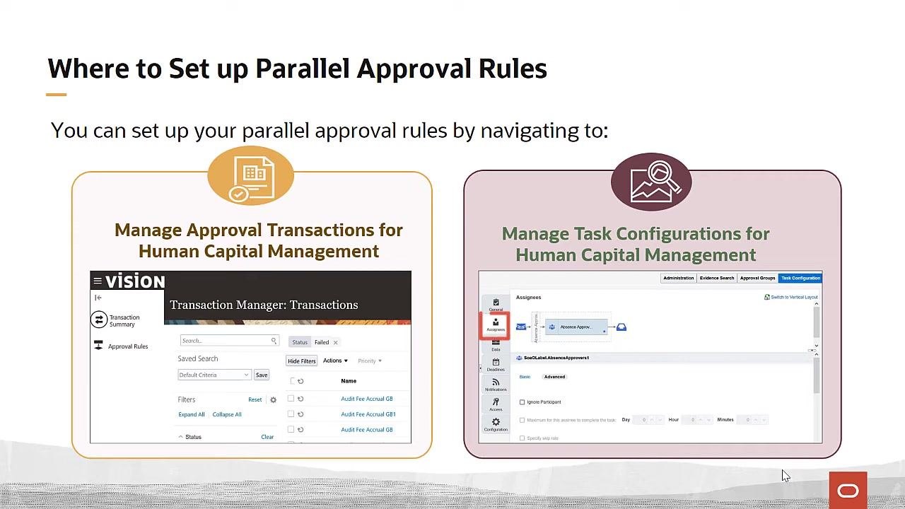 Screen showing both Manage Approval Transactions and Manage Task Configurations options for Human Capital Management.