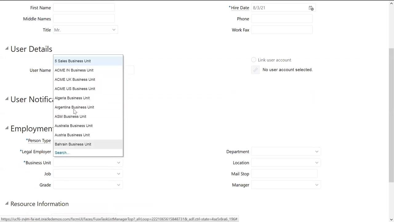 Business Unit dropdown expanded with ASM Business Unit visible among other options.