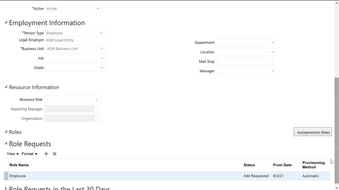 Role Requests section showing the Employee role assigned automatically with status and date.