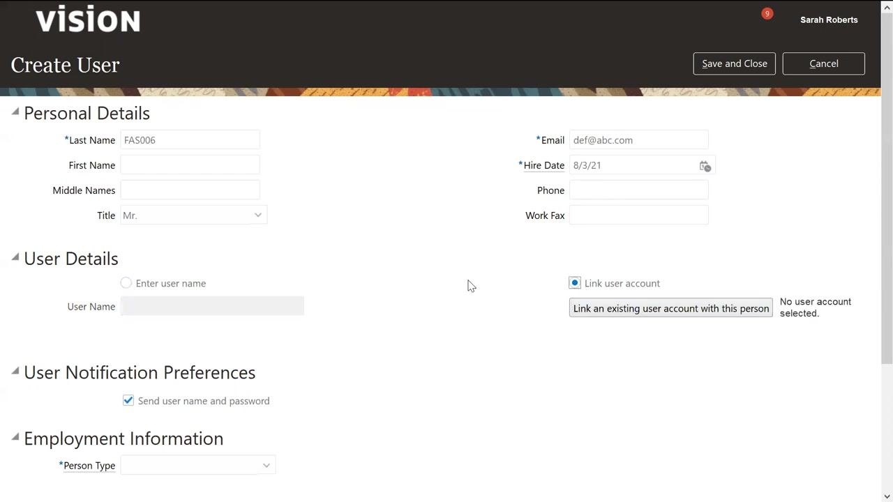Create User form with "Link user account" selected and the "No user account selected" message visible.