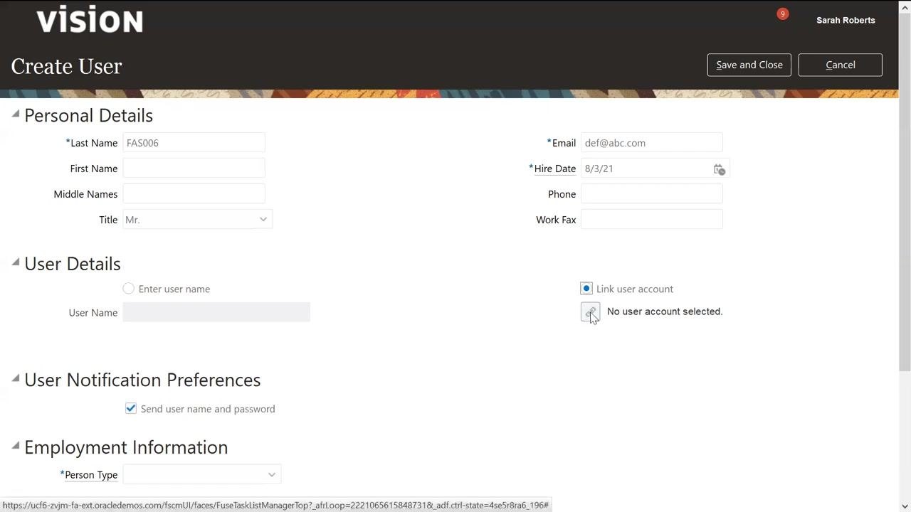 Link User Account dialog open, searching for "FAS005%" with no results found.